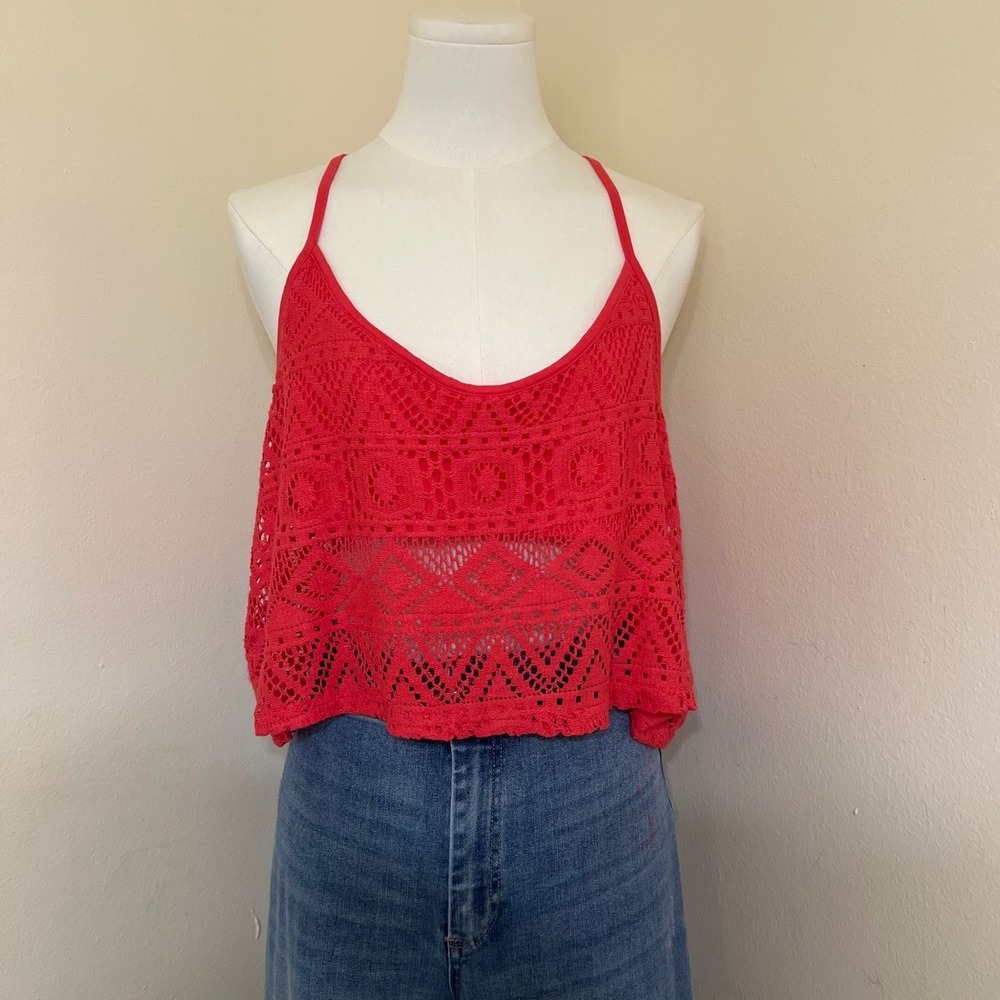 Map To Mars Womens XL Coral Red Crochet Lace Racerback Cropped Camisole Top
